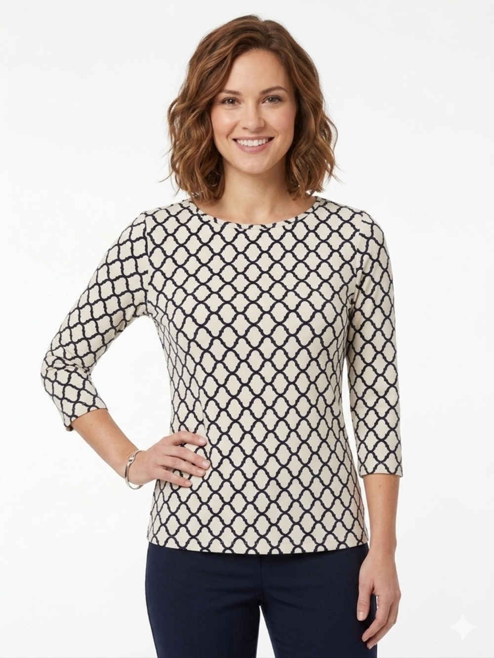 J. McLaughlin white navy geometric print crewneck top 3/4 sleeve Medium